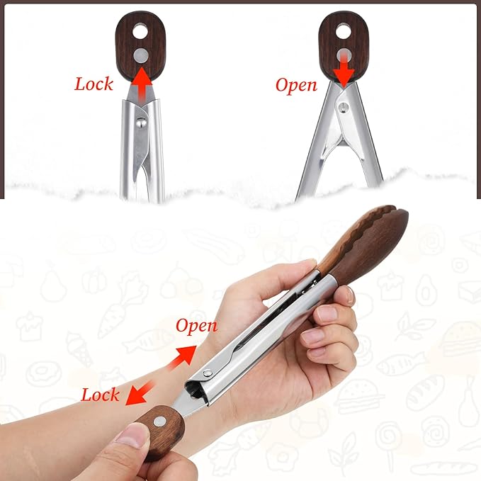 12 & 15 Inch Long Wooden Tongs for Cooking & Serving Food, Kitchen Stainless Steel Salad Tongs with Walnut Wood Tip, Smooth Locking & Hanging Cooking Utensils Set, Non-Slip, Heat Resistant, Pull Lock
