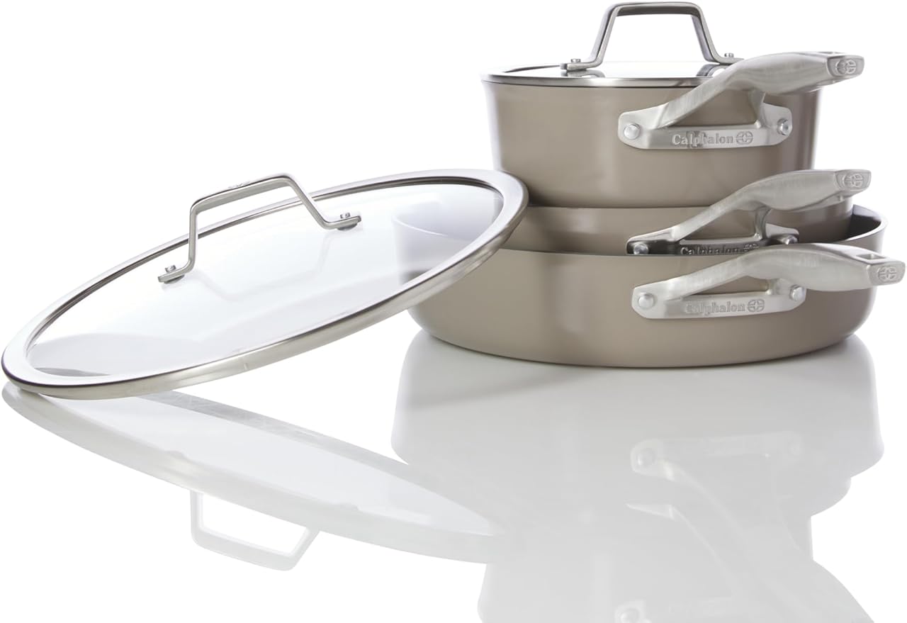 Calphalon짰 Premier Ceramic Nonstick 5-Piece Cookware Set, Mushroom Grey