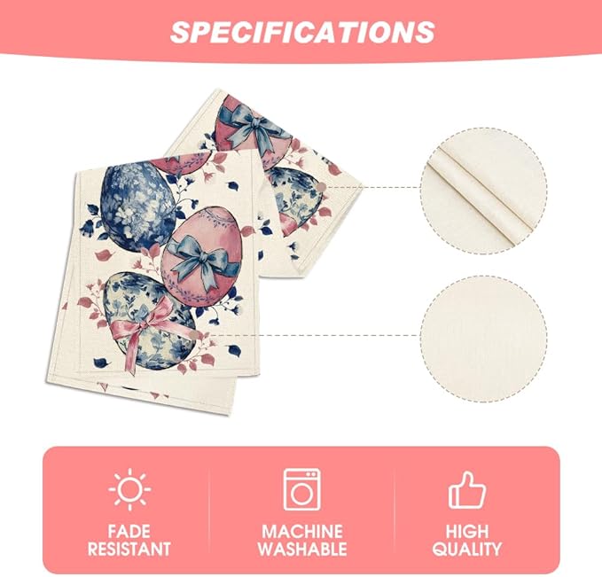 Artoid Mode Eggs Flowers Bow Leaves 210 GSM Easter Table Runner, Seasonal Floral Kitchen Dining Table Decoration for Home Party Decor 13x108 Inch