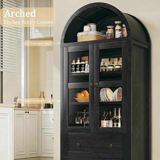 71" Tall Arched Kitchen Pantry, Arched Cabinet, Kitchen Storage Cabinets with 2 Large Drawers & Adjustable Shelves & Glass Door for Living Room, Dining Room, Black