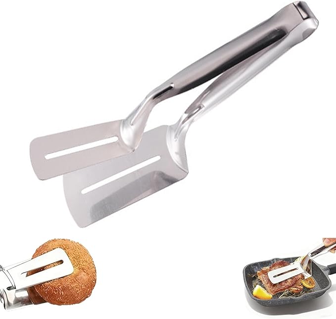 Stainless Steel Grill Clamp, 10 Inch Steak Clamps Anti-Scald Extended Handle Spatula Tongs Versatile Kitchen Tongs Food Flipping Tool for Bread Hamburger BBQ Meats Pizza Pies Bread Fish (1)