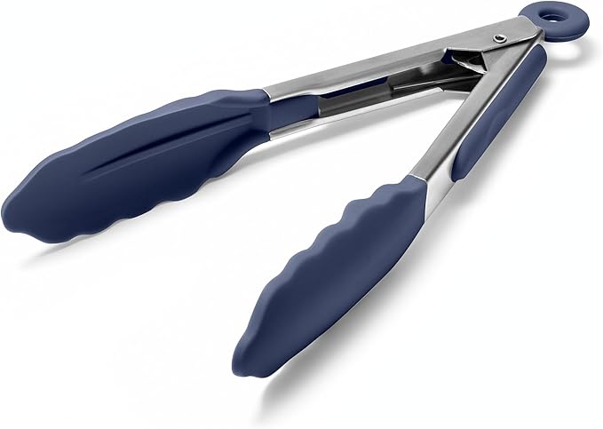 Doosu Kitchen Tongs for Cooking - 600째F Heat Resistant Food Tong with Non-Scratch Silicone Tips, Heavy Duty Stainless Steel Locking Tong for BBQ, Grilling Steak, Serving Salad Pasta (7in, Navy Blue)