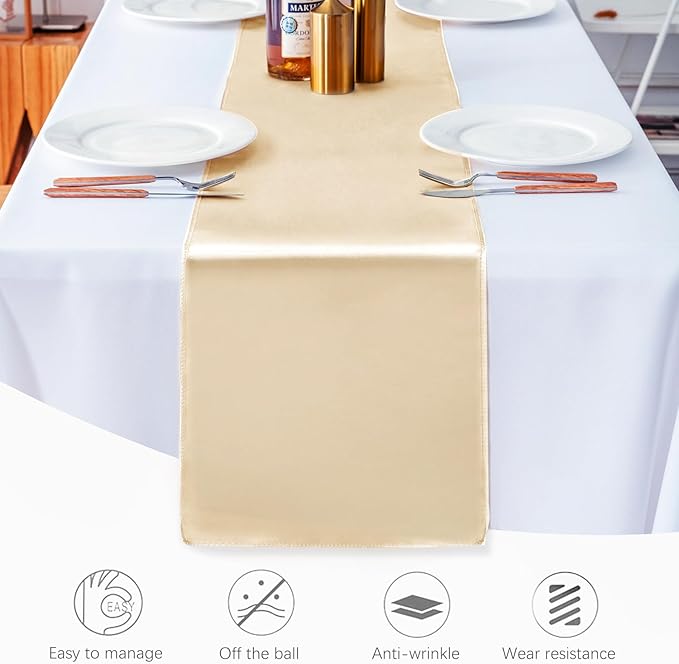 JEVIX 10 Pack Satin Table Runner 12 X 108 Inch Silk Table Runner for Party,Wedding, Birthday, Banquets,Decoration(Champagne)