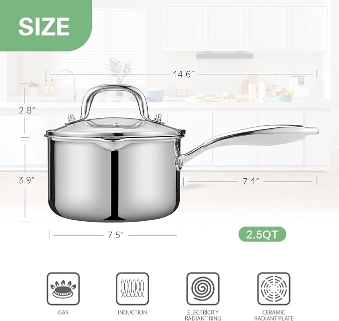 Tri-Ply Stainless Steel Sauce Pan with Steamer Basket & Strainer Glass Lid?밠ulti-Function Pot 2.5 QT- Modern Sleek Design?밪afe,Chemical-Free& Stylish Cookware?밬pgrade Your Kitchen with Healthy Cooking