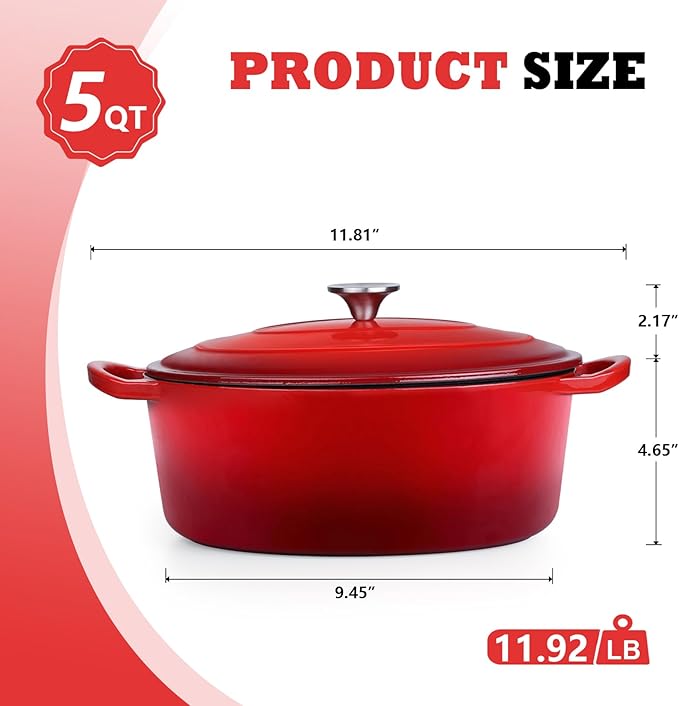 P&P CHEF Oval Dutch Oven with Lid, Enameled Cast Dutch Oven Pot for Bread Baking, Braising, Stewing, Roasting, Non-Stick & Oven Safe, Dual Handles & Easy Clean, 5QT & Red