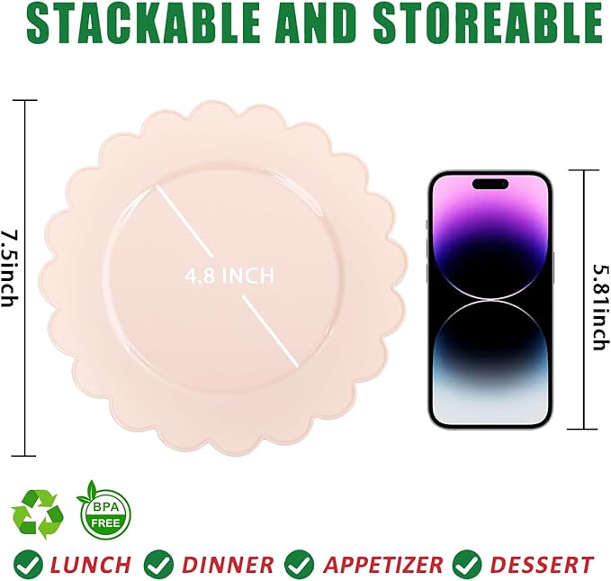SUT 72-Count Pink Plastic Plates Disposable 7.5 Inch - Scalloped Edge Dessert Plates for Valentine?셲 Day, Parties, Birthdays, Weddings | Lightweight & Durable Disposable Dinnerware (72 Pack)