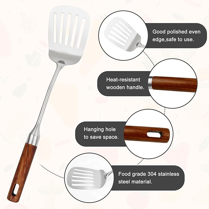 18 10 Stainless Steel Kitchen Utensils Set with Wood Handle,10PCS Metal Cooking Utensils Set, Stainless Steel Cooking Utensils Sets Heat Resistant Wok Tools(12-15in)