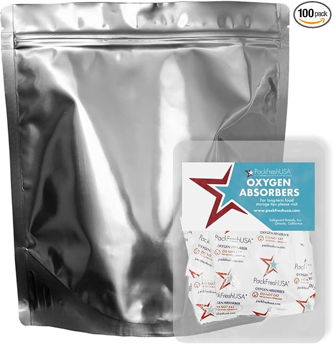 PackFreshUSA: 100 Pack - 7 Mil - One Gallon Seal-Top Stand Up Mylar Pouch Bags - 500cc Oxygen Absorbers- Resealable - Rounded Corners - Long-Term Food Storage