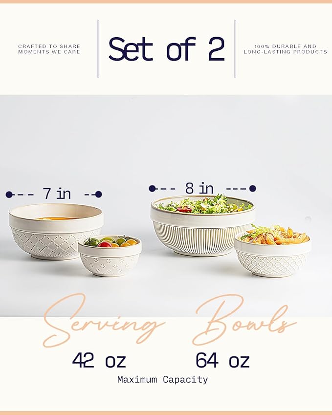 getstar Large Serving Bowls, Ceramic Salad Bowl Set of 4, Microwave and Dishwasher Safe, Farmhouse Kitchen Decorative Nesting Bowls Set (8"+7")