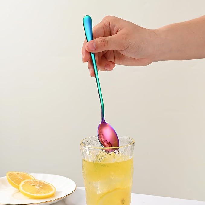 7.5 Inches Rainbow Stainless Steel Ice Tea Spoon,Set Of 8 Long Handle Coffee Stirring Spoons,Multicolored Sundae Spoons,Colorful Cocktail Mixing Spoon