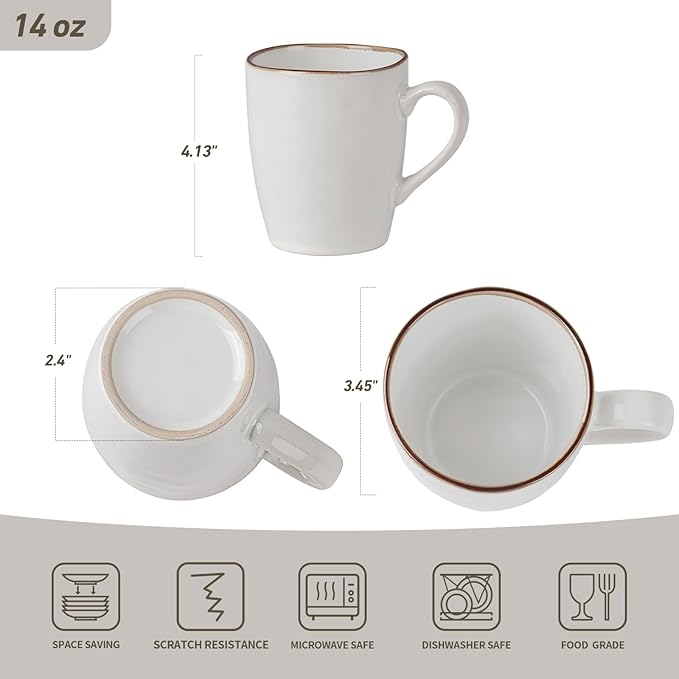 famiware Aurora Coffee Mugs, 14oz Mug Set of 4, Stoneware Mug, Cups for Kitchen, Cappuccino, Latte, Reactive Glaze, Microwave Safe, Scractch-resistant, Pearl White