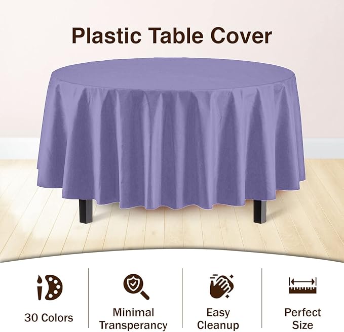 Party Solids 6-Pack Premium Plastic Tablecloth 84in. Round Plastic Table Cover - Lavender