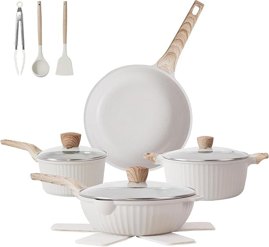 Pots and Pans Set Non Stick, 13Pcs Kitchen Cookware Sets, Granite Stone Induction Cookware Non Stick Cooking Set w/Frying Pans, Saucepans, Saut챕 Pan (PFOA Free), Cream White