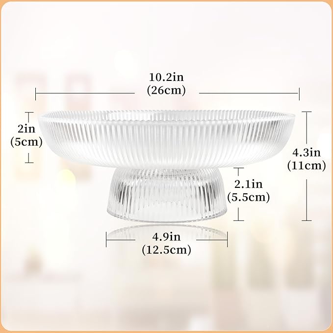Large Glass Fruit Bowl for Kitchen Counter Decorative Centerpiece Bowl for Table Home D챕co, Clear Ribbed