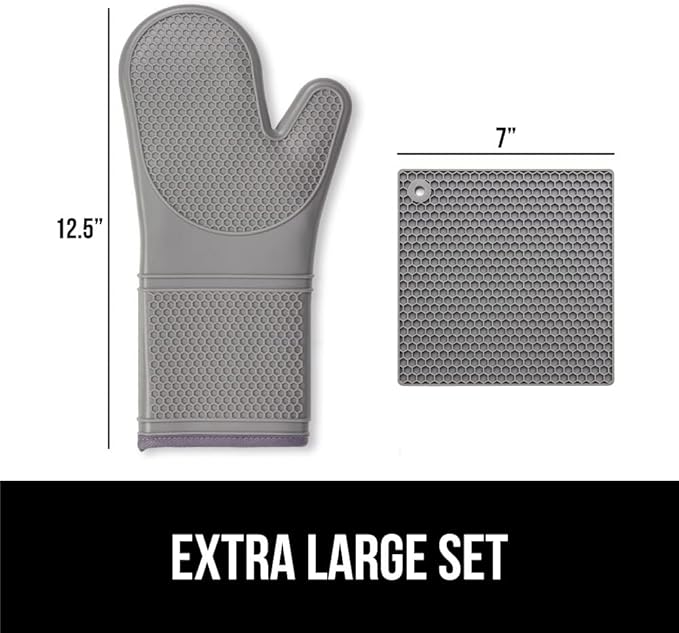GORILLA GRIP BPA-Free Soft Silicone Oven Mitts and Pot Holders Sets of 4, Heat Resistant Waterproof Cooking Gloves, Thick Cotton Lining, Flexible Gripping for Baking Grilling, Kitchen Trivets, Gray