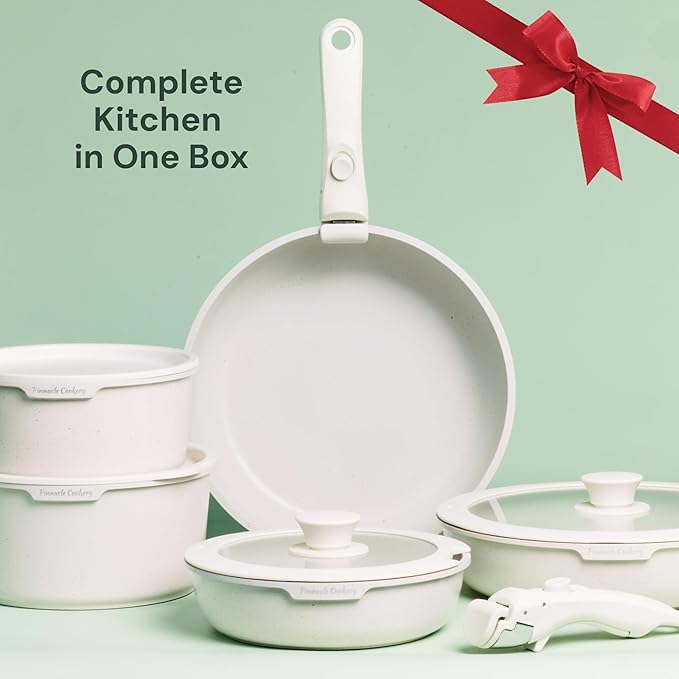 15-Piece White Granite Nonstick Cookware Set ??Detachable Handles & Tempered Glass Lids ??Stackable & Cool-Touch - Induction & Oven Safe to 480째F - Scratch-Resistant, PFOA & PFOS-Free