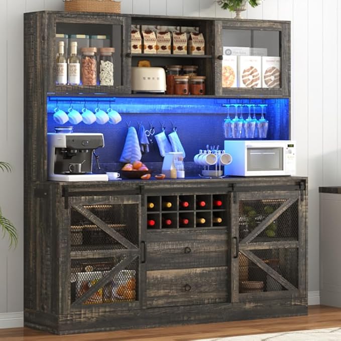 63"Wide 74"H Farmhouse Coffee Bar Cabinet w/ LED Light,Wine Bar Cabinet w/ Storage Hutch,Pegboard,Drawers,Kitchen Buffet Cabinet w/Sliding Barn Door & 10 Wine Glass Racks for Kitchen Dining Room
