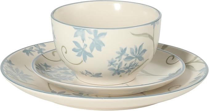 Gibson Home Admiral Hall 12-Piece Matte Stoneware Dinnerware Set ??Dinner Plates, Salad Plates & Bowls with Blue Floral Pattern, Durable Everyday Dish Set, Microwave & Dishwasher Safe
