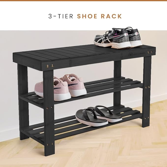 Leaf & Grain Bamboo Shoe Rack - Shoe Storage Bench for Front Door Entrance ??Entryway Bench with Shoe Shelf, Shoe Storage Organizer, Wooden Shoe Rack, Durable Shoe Bench for Home (Black)