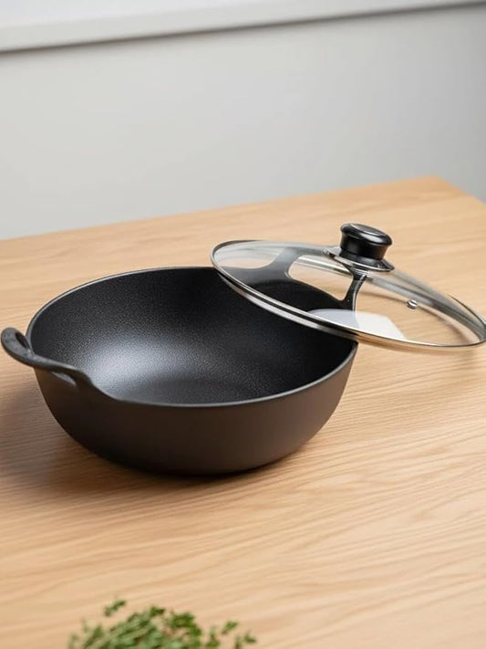 cast iron Dutch oven large-capacity pot with lid is used for baking bread and stewing meat-heavy-duty casting cooker iron pot is used for stewing, baking and bread baking. (Glass cover, 9.84in*3.4in)