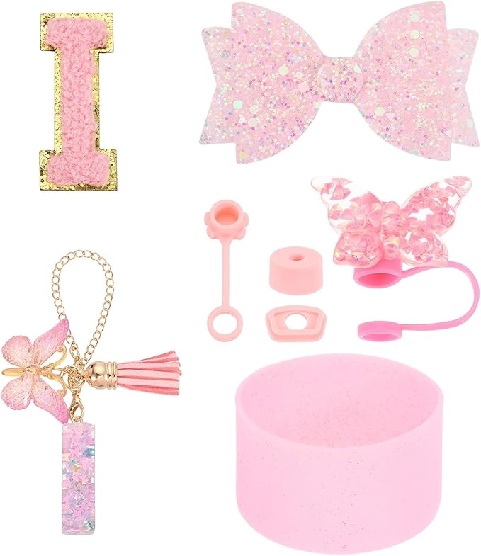 uxcell 8Pcs Cup Accessories Set for Cup Tumbler with Handle, Including Silicone Straw Cover, Boot, Spill Proof Stopper, Handle Charm, Initials Sticker(Letter I, Pink)
