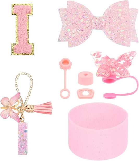 uxcell 8Pcs Cup Accessories Set for Cup Tumbler with Handle, Including Silicone Straw Cover, Boot, Spill Proof Stopper, Handle Charm, Initials Sticker(Letter I, Pink)