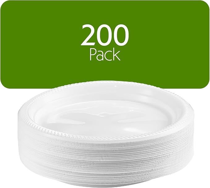 PLASTICPRO 200 PCS White Plastic Round 9 Inch Plastic Plates Premium Quality Light Weight Disposable Plastic Dishes Dinner Plates for Parties Weddings