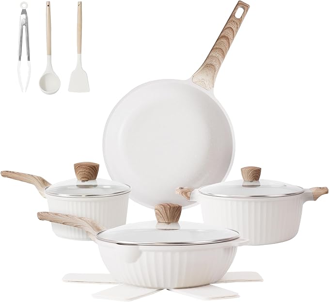 13-Piece Nonstick Pots and Pans Set ??Granite Stone Kitchen Cookware Set, PFOA-Free ??Includes Frying Pans, Saucepans, Saut챕 Pan ??Induction Compatible, White