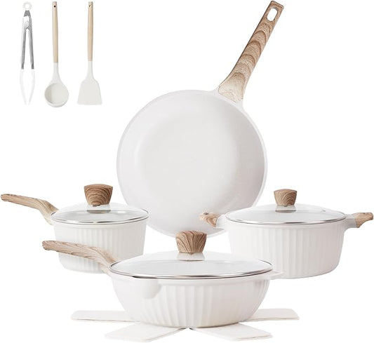 13-Piece Nonstick Pots and Pans Set ??Granite Stone Kitchen Cookware Set, PFOA-Free ??Includes Frying Pans, Saucepans, Saut챕 Pan ??Induction Compatible, White