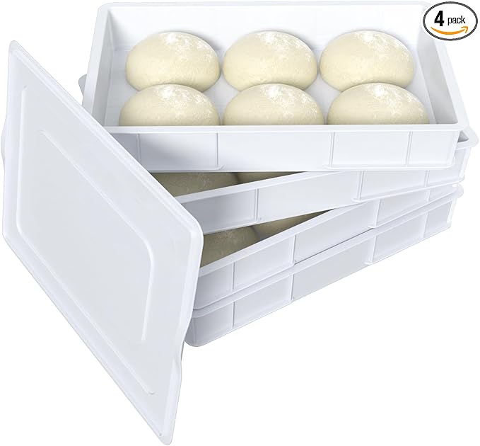 4 Packs Plastic Stackable Pizza Dough Proofing Box, Pizza Dough Tray with Lid, White