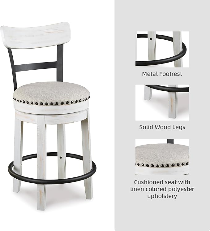 Signature Design by Ashley Valebeck | Modern Swivel 24.5" Counter Height Barstool ??Rustic-Industrial Whitewash, Upholstered Cushion, 360째 Swivel, Nailhead Trim
