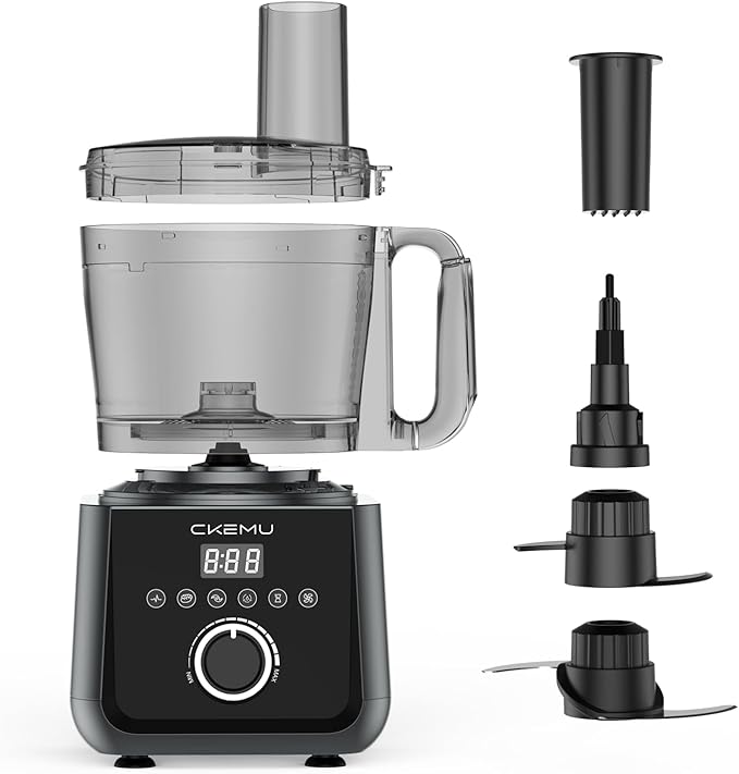 CKemu Smart Food Processor and Vegetable Chopper, 12 Cup Bowl, 6 Functions for Chopping, Slicing, French Fries, Purees & Dough, Food Chute & Pusher, Silver