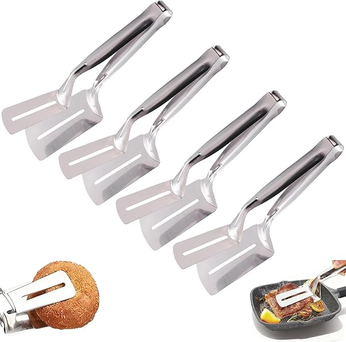 Stainless Steel Grill Clamp, 10 Inch Steak Clamps Anti-Scald Extended Handle Spatula Tongs Versatile Kitchen Tongs Food Flipping Tool for Bread Hamburger BBQ Meats Pizza Pies Bread Fish (4)
