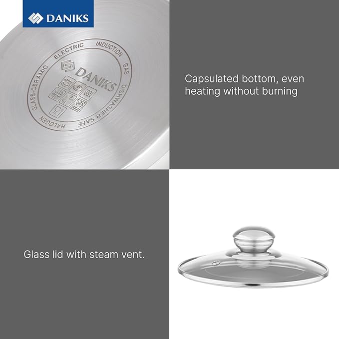 Daniks Classic 4 Quart Stainless Steel Stock Pot with Glass Lid, Tri-Ply Bottom for Even Heating, Induction Compatible, Dishwasher Safe