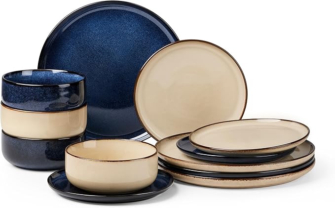 Herogo 12 Pieces Stoneware Dinnerware Dishes Sets for 4, Kitchen Dining Plates and Bowls Sets, Double Reactive Glaze, Microwave & Dishwasher Safe, Scratch Resistant, Starry Blue & Cream Khaki