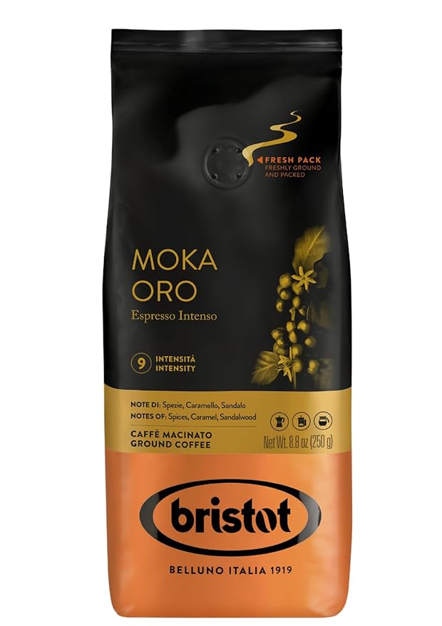 Bristot Moka Oro Ground Coffee ??Italian Espresso ??Medium Roast ??Notes of Spices, Caramel & Sandalwood ??For Moka, French Press, Pour Over ??8.8oz (250g)