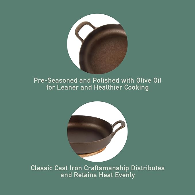 Bloomhouse - Two Time Oprah's Favorite Things Winner - Natural Bronze Finish 12" Cast Iron Skillet w/Long Handle, Helper Handle & Olive Wood Trivet ??Olive Oil Treated Fry Pan, Oven & Stovetop Safe