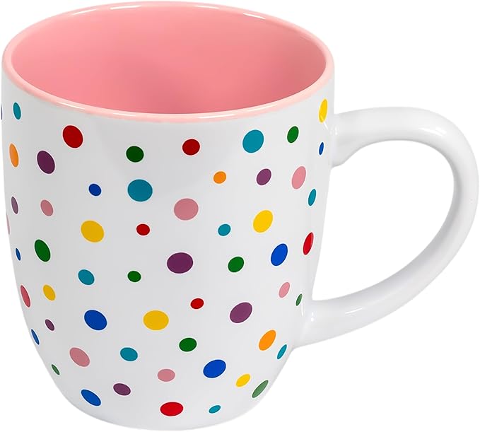Cherry Blossom Pink Cute Mug with Confetti Rainbow Sprinkles | Birthday Cake Coffee Cup Gift | Large Ice cream Cup | Dunkin Donuts Coffee Mugs With Fun Polka Dot Pattern