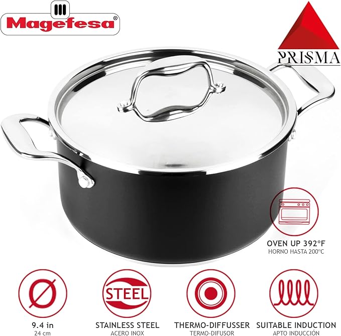 MAGEFESA Prisma ??9.4 inches stew pot, dutch oven with lid, made of 18/10 stainless steel, for all types of kitchens, INDUCTION, easy cleaning, dishwasher and oven safe up to 392쨘F