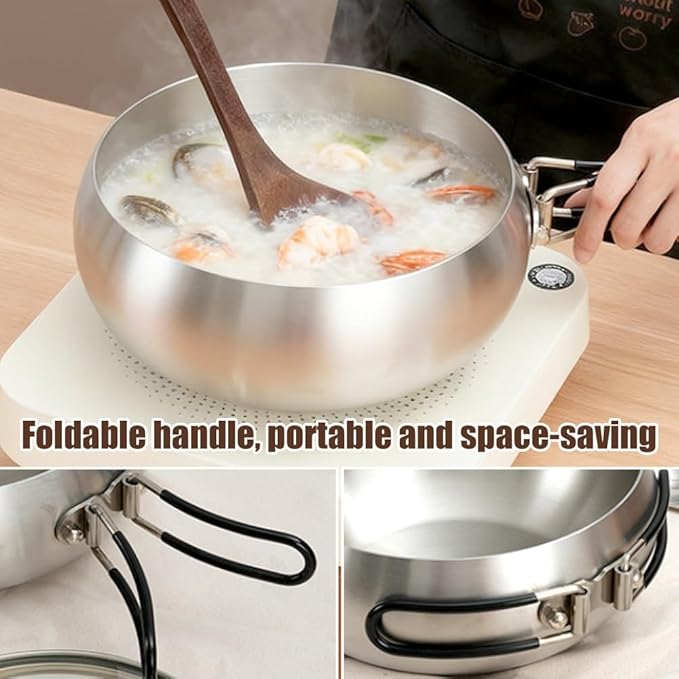 Thickened Multi-Layer Stock Pot, Stainless Steel Camping Cook Pot with Lid and Folding Handle, Scratch-Resistant Non Stick Frying Pans, Even Heating for Cooking,8.66IN