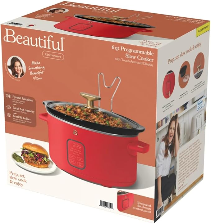 Beautiful 6 Quart Programmable Slow Cooker by Drew Barrymore ??Large Capacity, Ceramic Removable Pot, Tempered Glass Lid, Dishwasher Safe, Auto Keep Warm (Tomato Red)