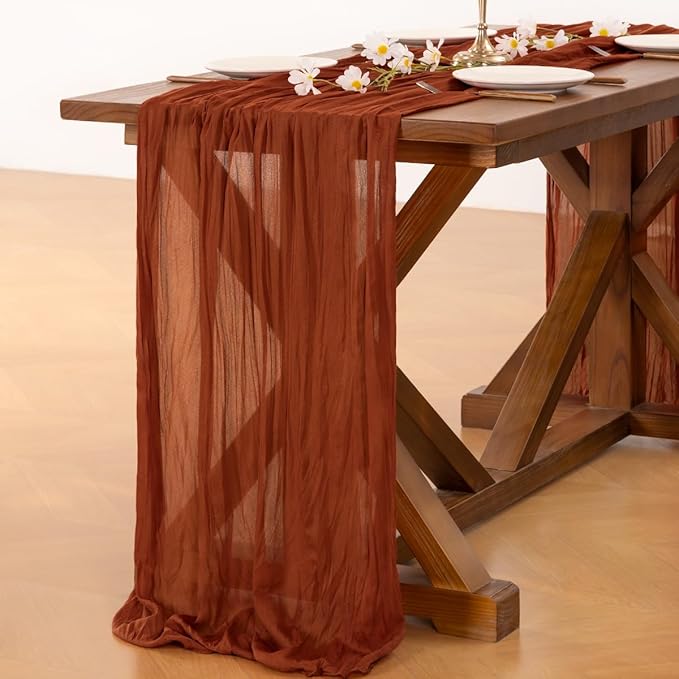 Socomi Terracotta Valentine's Day Fall Cheesecloth Table Runner Boho Rustic Farmhouse Gauze 120 inch 10FT Cheese Cloth Runner for Wedding Party Baby Shower Birthday Home Decor Holiday Decorations