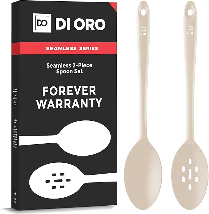 DI ORO Silicone Spoons for Cooking - Large Kitchen Spoons for Mixing, Serving, & Stirring - 600째F Heat-Resistant Non Stick Utensils ??Big Solid & Slotted Basting Spoons - Dishwasher Safe (2pc, Clay)
