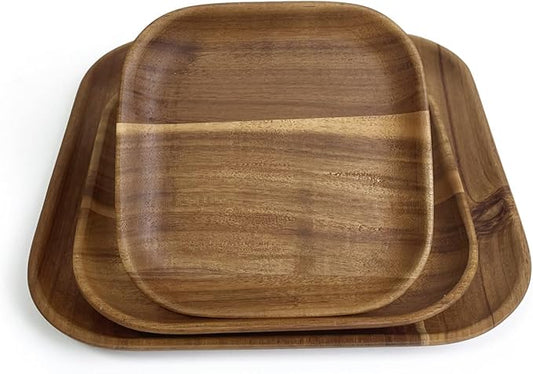 Acacia Wooden Plates Set of 3, 6/8/10 Inch Square Serving Platters for Charcuterie, Appetizers, Acacia Wood Plates, Stackable Dinnerware Trays for Kitchen, Party & Entertaining (Square Tray)
