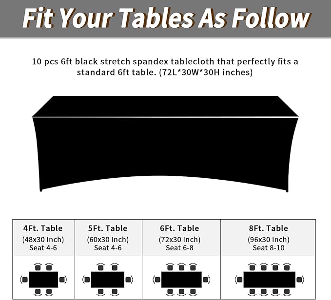 Fixwal 6FT Black Table Cloth Rectangle Tables, 10 Pack Spandex Table Cloths for 6 Foot Rectangle Tables, Fitted Rectangular Stretch, Washable Patio Table Cover (72Lx30Wx30H Inch)