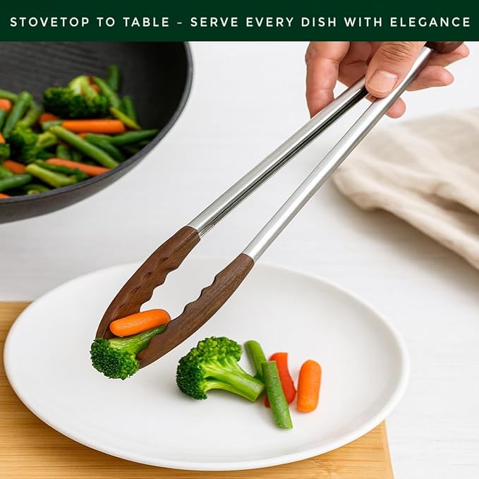 Walnut Wood Kitchen Tongs ??12-Inch Nonstick-Safe Wooden Salad & Grill Tongs for Cooking, Serving, BBQ, and Tossing Salad ??Durable Stainless Steel Core with Natural Wooden Tips