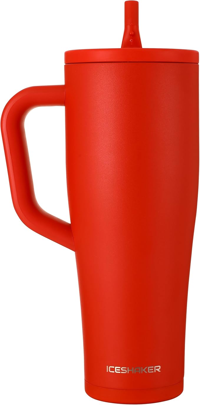 Ice Shaker 40 oz Tumbler with Handle and Straw | 40oz Red | Cold for 30+ Hours | 2-in-1 Tumbler Shaker Bottle | Odor-Free 40 ounce Bottle for Water, Protein Shakes, Smoothies, Cocktails