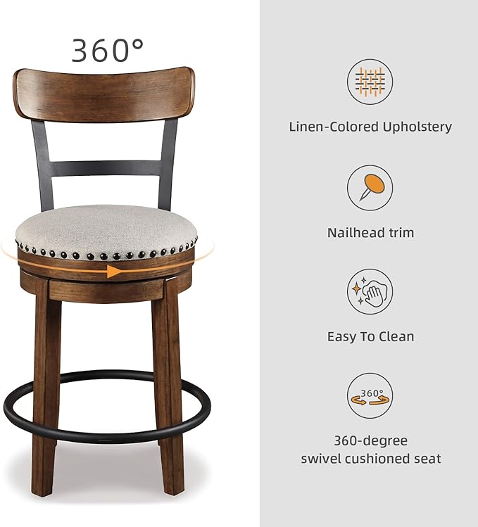 Signature Design by Ashley Valebeck Rustic Farmhouse Swivel Bar Stool ??24.5??Counter Height, 360째 Swivel Metal & Wood Frame, Polyester Upholstery ??Brown