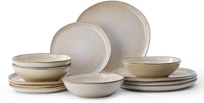 Bestone 12 Piece Round Kitchen Dinnerware Sets竊똏lates and Bowls sets,Dishes, Plates, Bowls, Dish Set, Chip Resistant Ceramic Dinnerware Set, Dishwasher/Microwave Safe,Service for 4,Brown