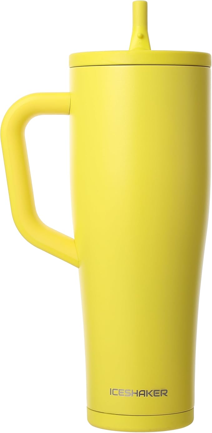 Ice Shaker 40 oz Tumbler with Handle and Straw | 40oz Yellow | Cold for 30+ Hours | 2-in-1 Tumbler Shaker Bottle | Odor-Free 40 ounce Bottle for Water, Protein Shakes, Smoothies, Cocktails